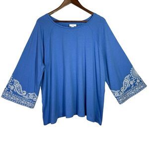 J. Jill Embroidered‎ Blue Blouse | Women's 2X | Cotton Modal Top | Wide Sleeve